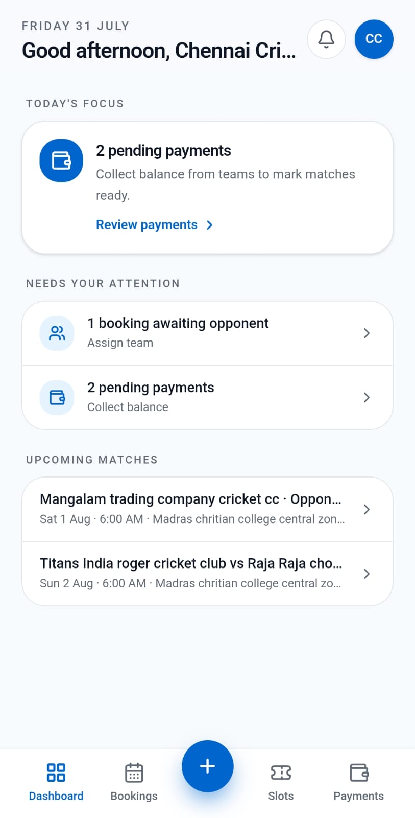 Cricky Organizer App dashboard showing pending payments and upcoming matches